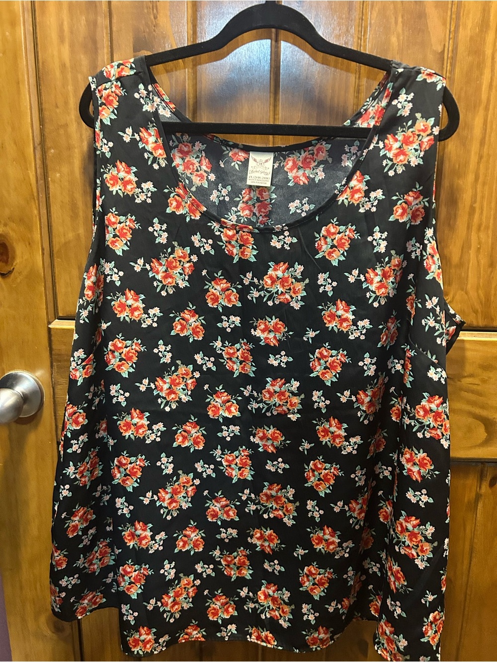 Faded Glory Black Sleeveless Tank with Red Floral Print
